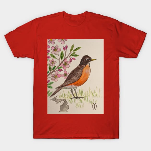 Michigan state bird and flower, the robin and apple blossom T-Shirt by Matt Starr Fine Art